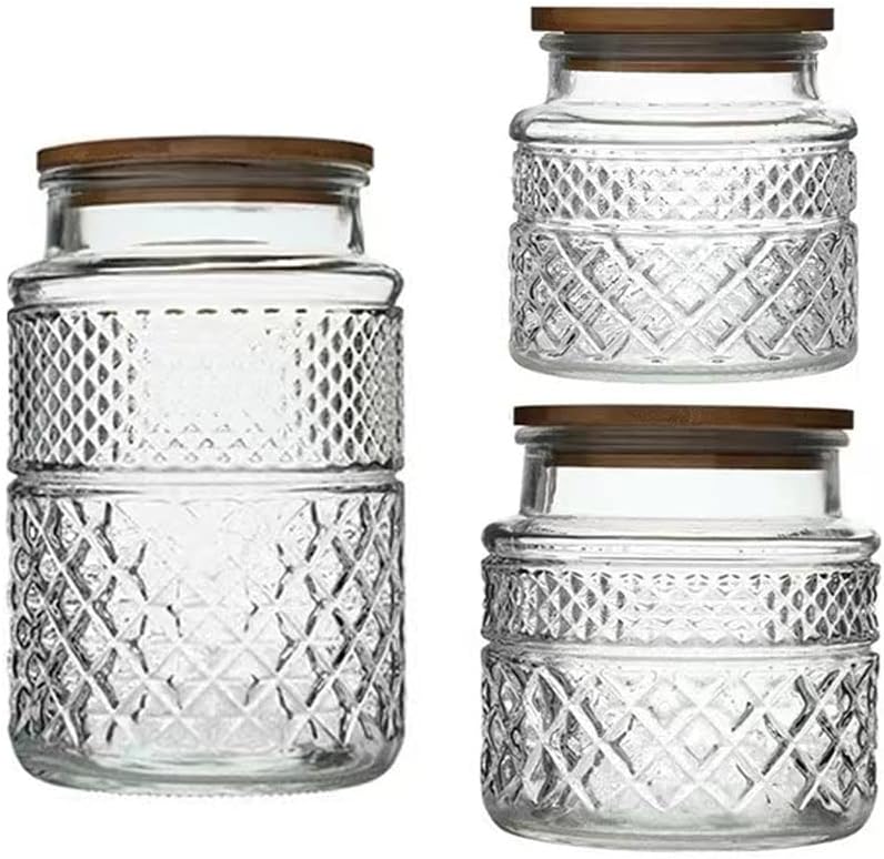 3-Piece Set of Embossed Glass Storage Canisters with Bamboo Lids