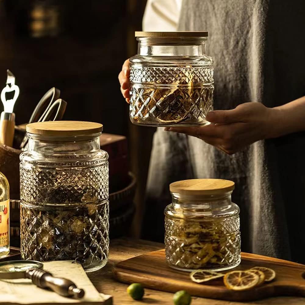 3-Piece Set of Embossed Glass Storage Canisters with Bamboo Lids - Image 2