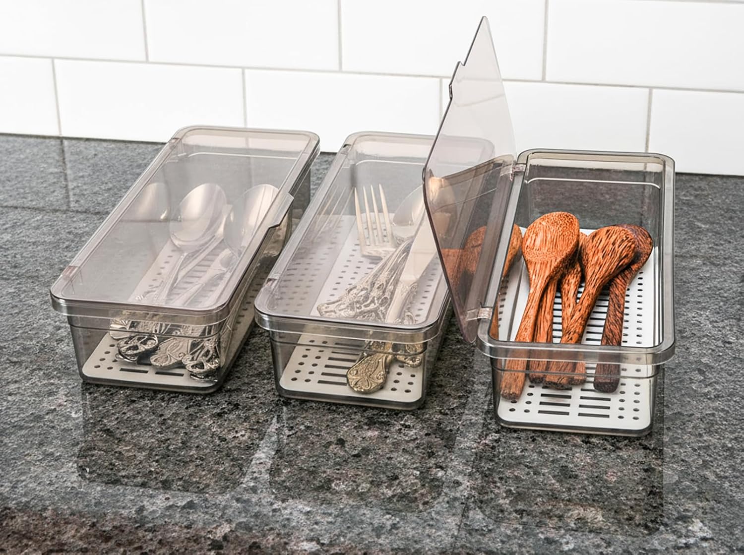 6-Piece Set of Draining Cutlery Trays with Lids - Image 2