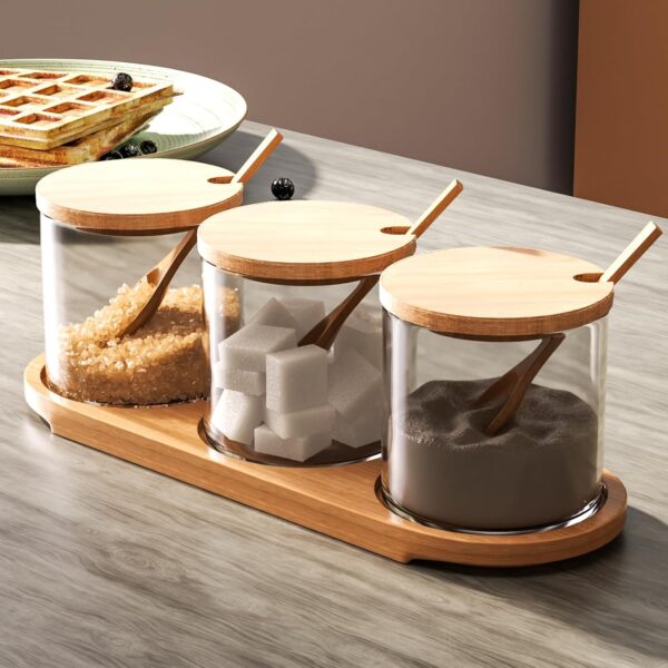 3-Piece Glass Condiment Jar Set with Bamboo Lids and Tray
