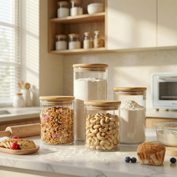 4-Piece Set of Large-Capacity Glass Storage Canisters with Bamboo Lids