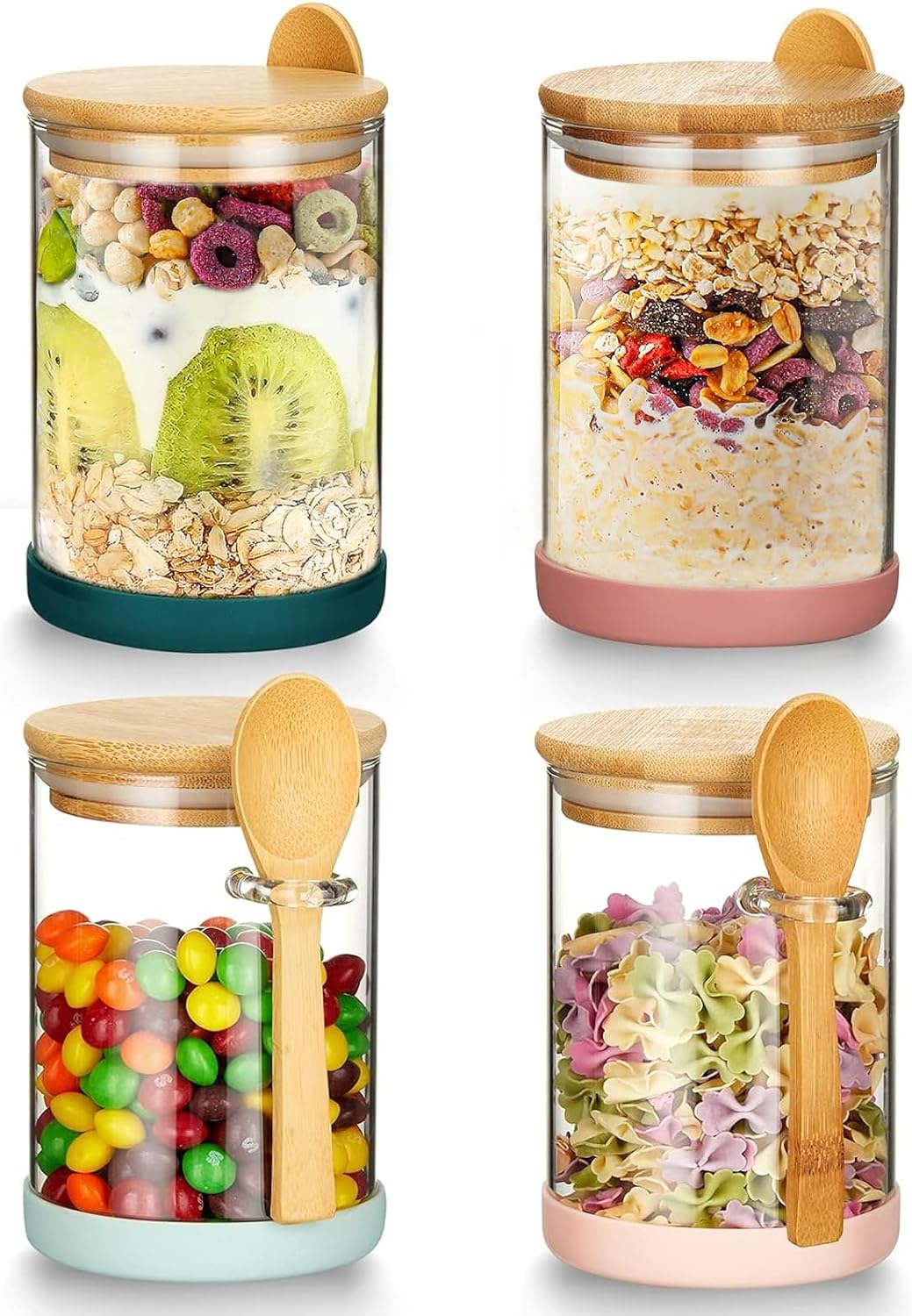 4-Piece Set of Glass Storage Canisters with Bamboo Lids and Spoons